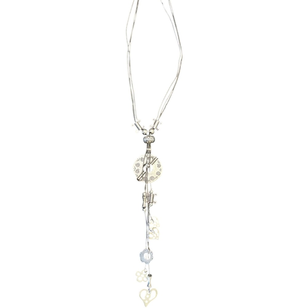 Boho Silver Tone Multi Strand Long Drop Necklace with Heart  Floral Charms Layer